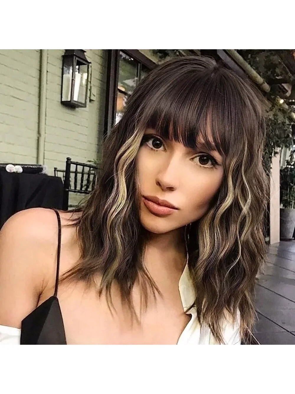 Women Brown Mixed Blonde 14 Inch Heat Resistant Short Bangs Bob Modern Wavy Wigs